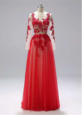 Tulle Jewel Red A-line Evening Dresses With Lace Appliques