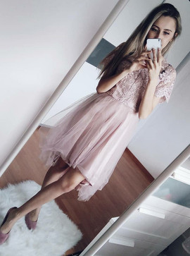 Lace Tulle Bateau Neck Short Sleeves Blush Homecoming Dress