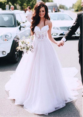 Lace Appliques Tulle Spaghetti Straps A-line Wedding Dress