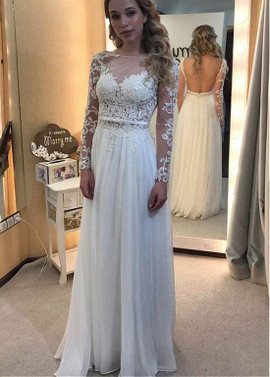 Long Sleeve Backless Beading Tulle & Silk Like Chiffon Bateau  A-line Wedding Dress