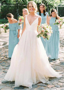 Backless Tulle & Organza V-neck Long A-line Wedding Dress