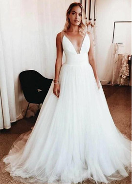 Tulle Spaghetti Straps White Ball Gown Wedding Dress
