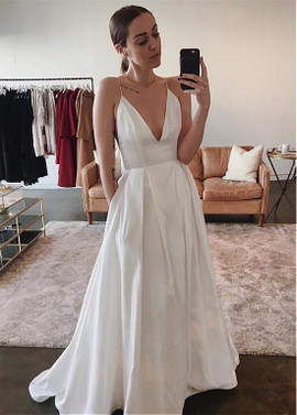 Satin Spaghetti Straps A-line Wedding Dress With Pockets