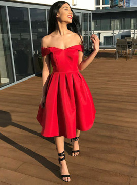 Elegant Pleated Red Satin Off-the-Shoulder Homecoming Dress