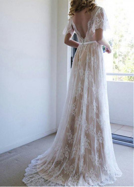 Tulle V-neck Cap Sleeves A-line Wedding Dresses With Belt