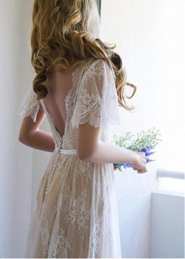Tulle V-neck Cap Sleeves A-line Wedding Dresses With Belt