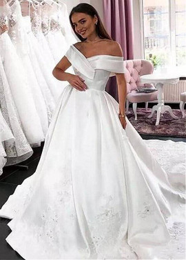 Satin Off-the-shoulder Beading Lace Appliques Ball Gown Wedding Dress