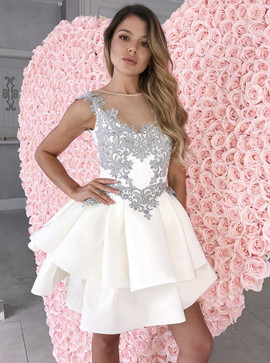 White Scoop See Through Satin Homecoming Dress with Appliques