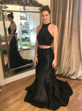 Halter Satin Black Mermaid Two Piece Prom Dress With Beading