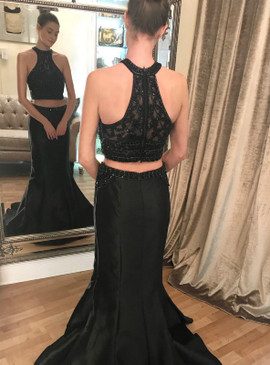 Halter Satin Black Mermaid Two Piece Prom Dress With Beading