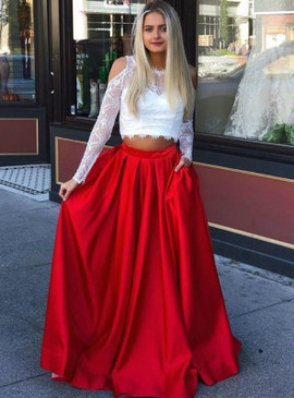  Satin Cold Shoulder Long Sleeve Red Two Piece Lace Top Prom Dress