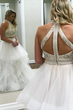 Backless Tulle  White A-Line Ivory Halter Beading Long Prom Dress