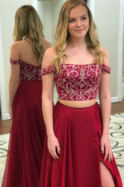  Off the Shoulder Two Piece Burgundy Chiffon Long Prom Dress