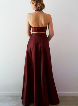 A-Line Burgundy Split Side Two Piece Lace Halter Prom Dress