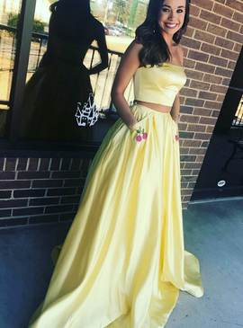 Pockets Appliques Satin Long Two Piece Yellow Prom Dress 