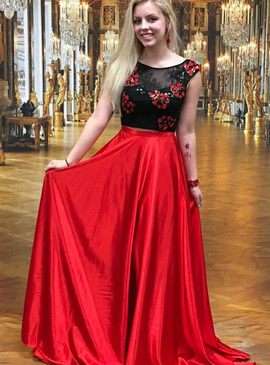 Two Piece Round Lace Appliques Red Satin Long Prom Dress