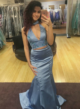 Halter Blue Two Piece mermaid Satin Backless Prom Dress