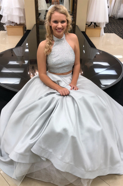 Silver Satin Halter Two Piece High Low Long Prom Dress With Pocket