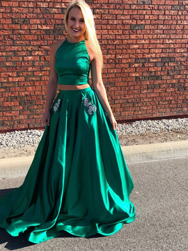 Satin Halter Backless Green Two Piece Prom Dress With Pockets