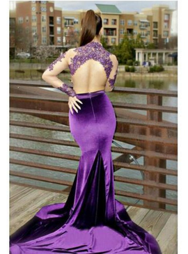 High Neck Purple Lace Long Sleeve  Backless Mermaid Two Piece Prom Dress