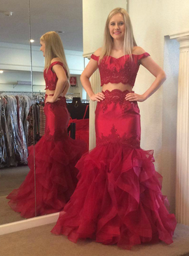 Red Two Piece Appliques Mermaid Off Shoulder Prom Dress With Ruffles