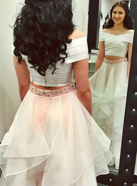 Tulle Off The Shoulder Ruched White Two Piece  Prom Dress