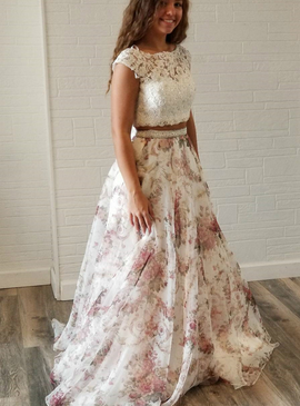 Lace and Floral Print Backless Two Piece White Prom Dress