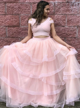 Two Piece V-neck Floor Length Pink Tulle Prom Dress