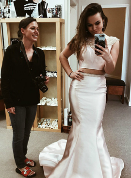 Pink Satin Sexy Beading Mermaid Two Piece Prom Dress