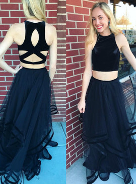 Cheap Long Black Two Piece Floor Length Tulle Prom Dress