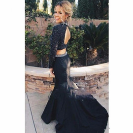  Mermaid Two Piece High Neck Long Sleeve Black Prom Dresses