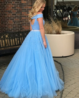 Blue Tulle Pearl Two Piece Off The Shoulder Prom Dress