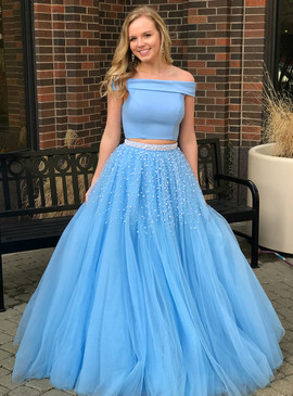 Blue Tulle Pearl Two Piece Off The Shoulder Prom Dress