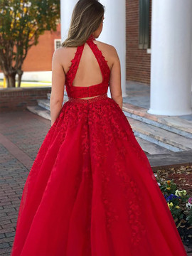 Red Halter Beading Tulle Appliques Beading Two Piece Dresses