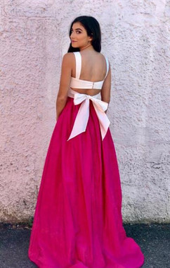  White Top Long Straps Satin Two Piece Prom Dress