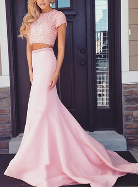 Two Piece Pearl Cap Sleeves Mermaid Satin Prom Dresses