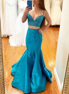 Two Piece Satin Spaghetti Straps Blue Mermaid Prom Dress