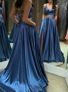 Two Piece Satin V-neck A-Line Blue Prom Dress With Pocket
