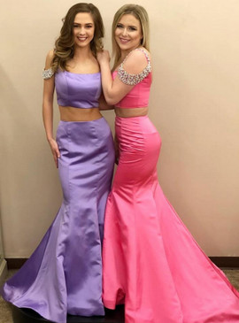 Cold Shoulder Long Pink Beading Two Piece Prom Dress