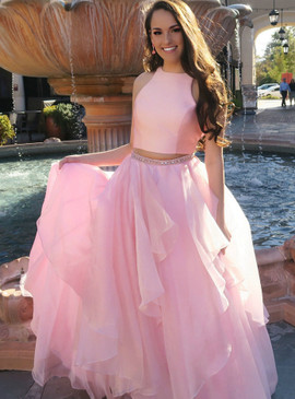  Beading Two Piece Pink Chiffon Open Back Floor Length Prom Dress