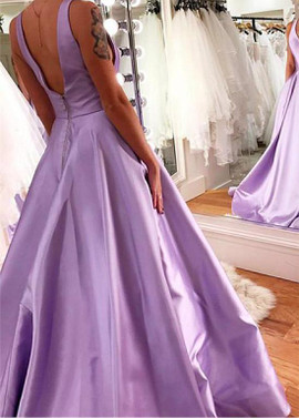  Satin V-neck Blue Floor-length A-line Evening Prom Dress