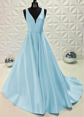  Satin V-neck Blue Floor-length A-line Evening Prom Dress