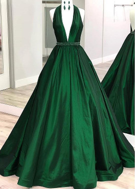 Sexy Satin Halter Green  A-line Evening Dress With Beadings