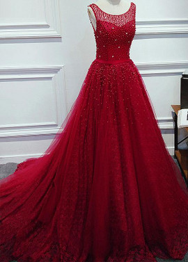 Tulle Jewel Beading Belt Red A-Line Evening Prom Dress
