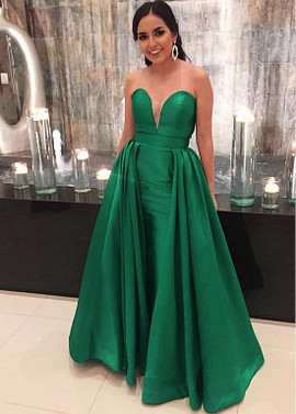 Satin Sweetheart Green Detachable Train A-line Evening Dresses