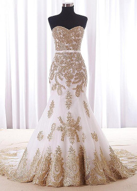 Sweetheart Champagne Floor-length Mermaid Evening Prom Dress With Lace Appliques 