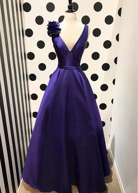 Satin V-neck Handmade Flower Purple A-line Evening Prom Dress