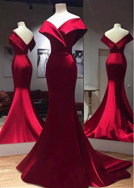 Burgundy Satin Off-the-shoulder Long Mermaid Evening Dress