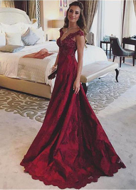 Satin V-neck Beading Lace Appliques Burgundy A-line Evening Prom Dress