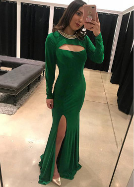  Beading Cutout Spandex Jewel Green Mermaid Evening Prom Dress
